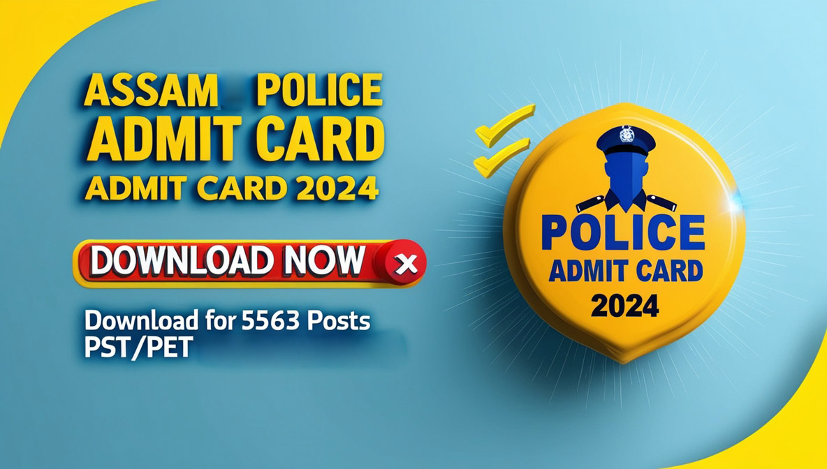 Thumbnail displaying key details of Assam Police Admit Card 2024, including 5563 posts, PST/PET starting October 3, and a download prompt, set against a light blue gradient background with police officer illustration.