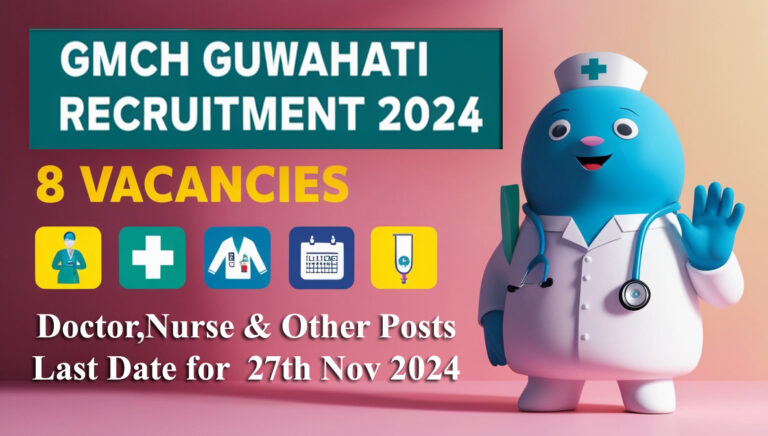 Thumbnail showcasing GMCH Guwahati Recruitment 2024 details with attractive icons and a professional design.