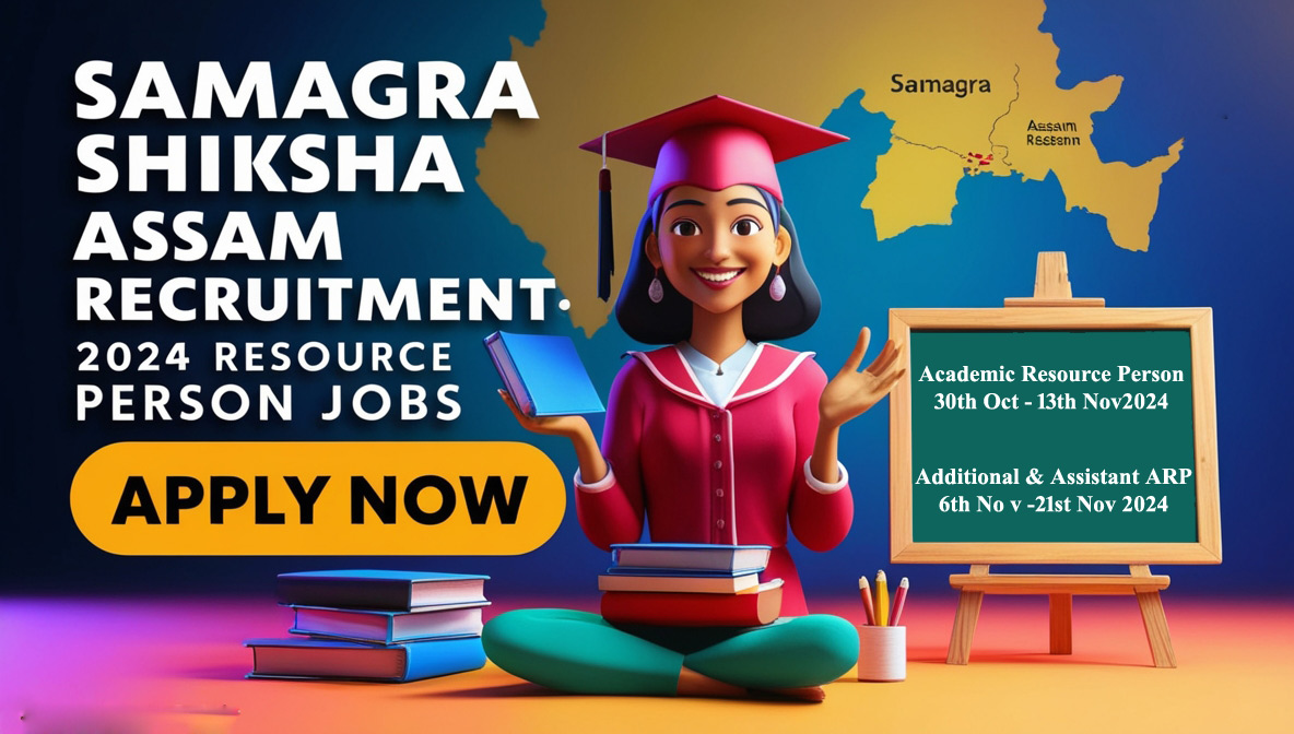 Samagra Shiksha Assam Recruitment 2024 thumbnail image featuring 200 Resource Person job openings with vibrant RGB lighting, educational symbols, and key application dates.