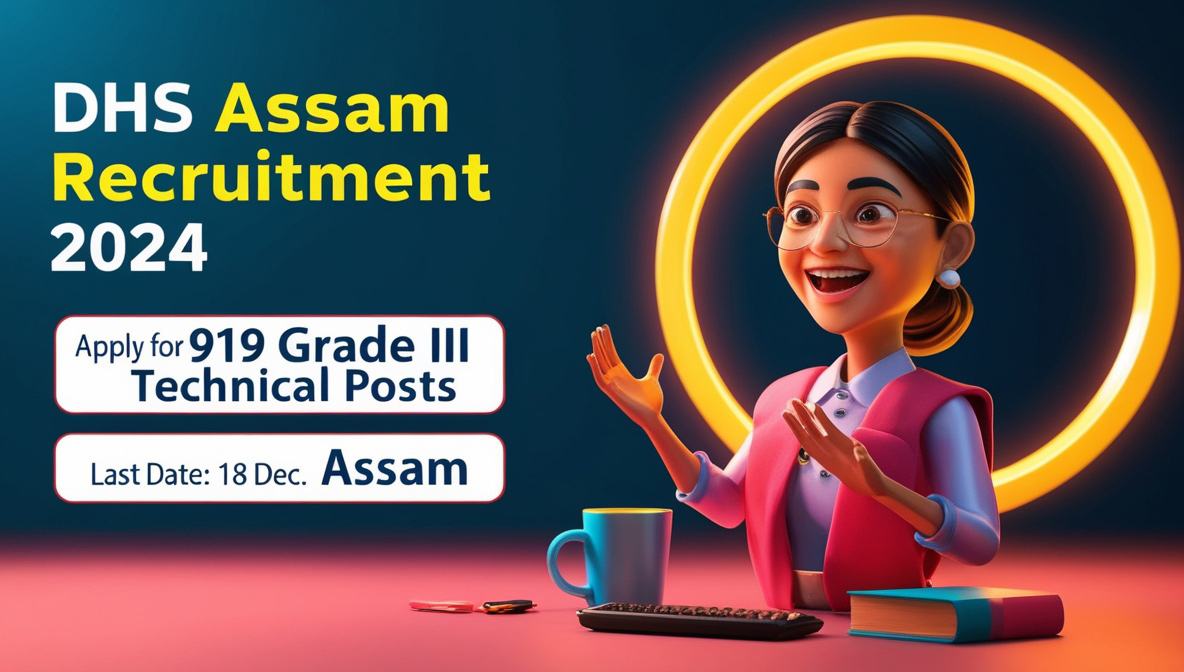 DHS Assam Recruitment 2024 thumbnail showcasing the opportunity to apply for 919 Grade III Technical posts with important dates and job location.