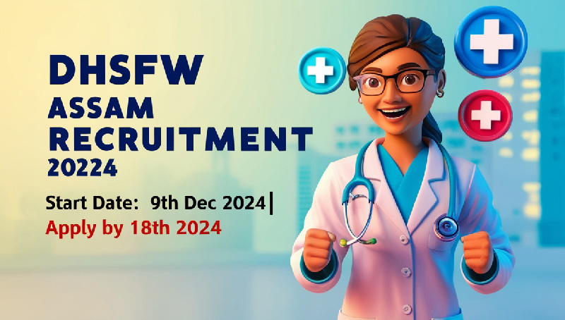 Informative thumbnail for DHSFW Assam Recruitment 2024 highlighting 636 ANM posts, application start date (9th Dec 2024), and last date (18th Dec 2024) with healthcare-themed visuals on a light RGB background.