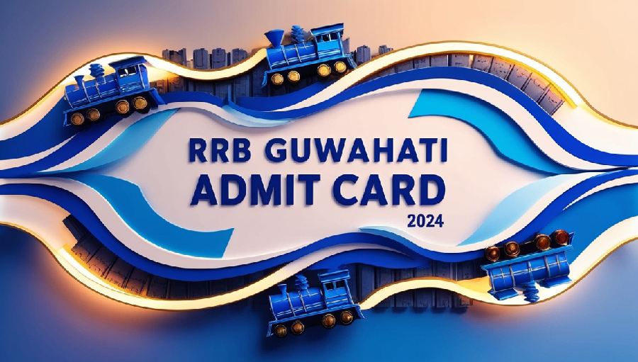 A vibrant and professional digital background featuring blue and white gradients with train motifs, dynamic wave-like patterns, and glowing accents, designed to promote the RRB Guwahati Admit Card 2024 announcement.